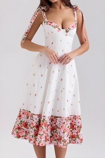 casual non-stretch sling stitching flower batch printing midi dress