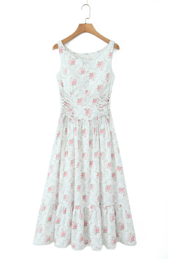 casual non-stretch sleeveless floral batch printing lace-up midi dress