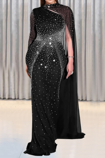 sexy plus size slight stretch slim fit mesh splicing rhinestone maxi dress