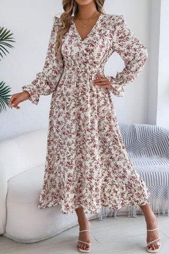 stylish non-stretch floral printing v-neck long sleeve maxi dress