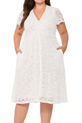 elegant plus size non-stretch lace fabric short sleeve with pocket midi dress