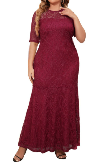 elegant plus size non-stretch lace three-quarter sleeves maxi evening dress