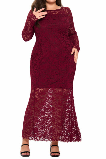 elegant plus size non-stretch lace long sleeve maxi evening dress
