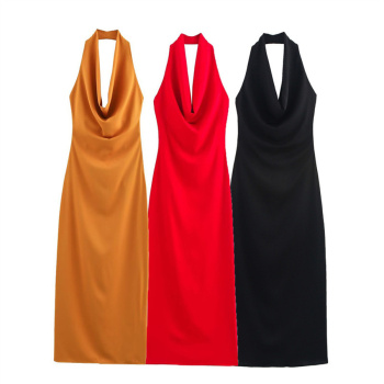 sexy non-stretch 3 colors halter-neck zip-up slit maxi dress