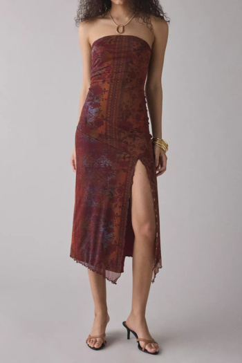 casual slight stretch printed tube top slim fit slit midi dress