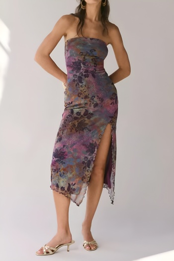 casual slight stretch batch printing tube top slim fit slit midi dress #5