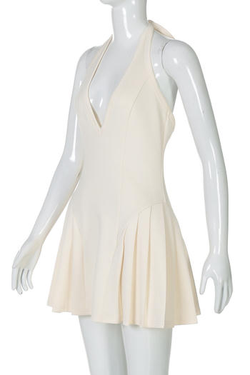 Sexy slight stretch halter-neck lace-up solid color pleated mini dress