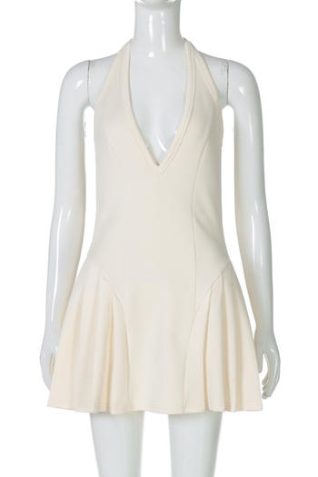 Sexy slight stretch halter-neck lace-up solid color pleated mini dress