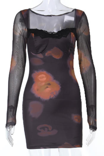 Casual slight stretch tight fit see-through mesh mesh long sleeve mini dress
