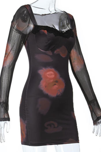 Casual slight stretch tight fit see-through mesh mesh long sleeve mini dress