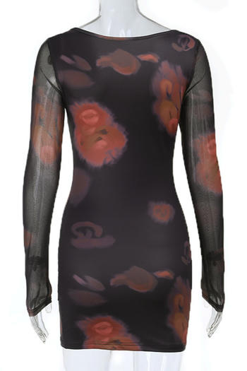 Casual slight stretch tight fit see-through mesh mesh long sleeve mini dress