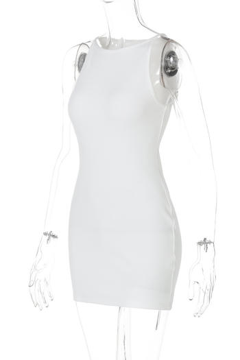 Sexy slight stretch crew neck solid color sleeveless slim mini dress