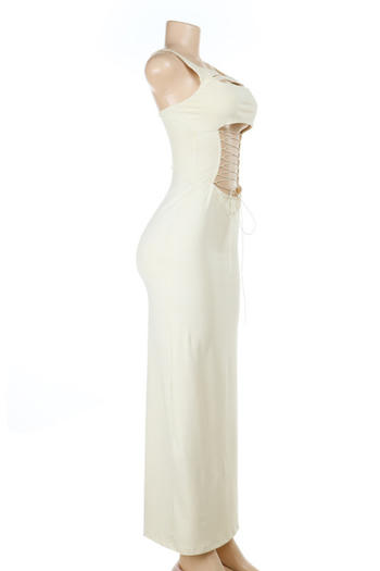 Sexy slight stretch solid color sling slim fit hollow lace-up slit maxi dress