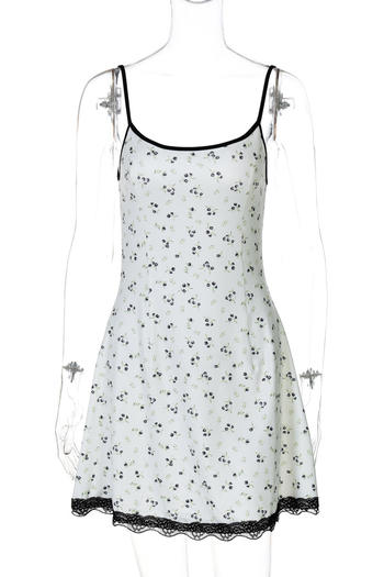 Sexy slight stretch floral batch printing lace trim sling mini dress