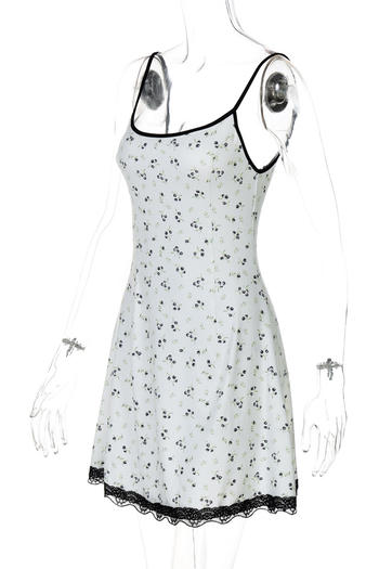 Sexy slight stretch floral batch printing lace trim sling mini dress