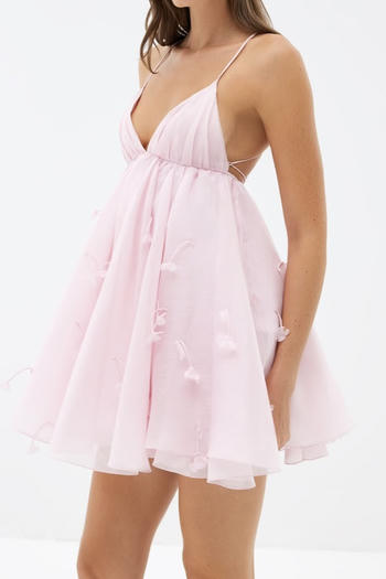 Sexy non-stretch solid color flower decor sling large backless mini dress