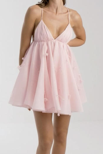 Sexy non-stretch solid color flower decor sling large backless mini dress