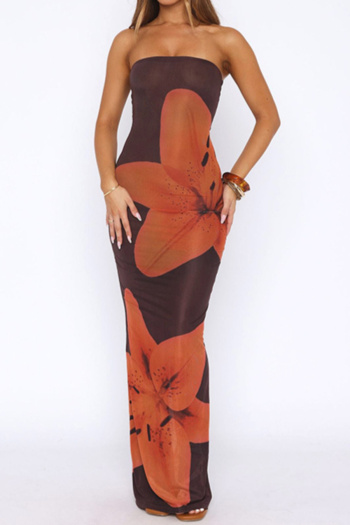 Sexy slight stretch tube design flower printing slit maxi dress