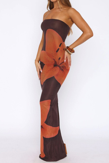 Sexy slight stretch tube design flower printing slit maxi dress