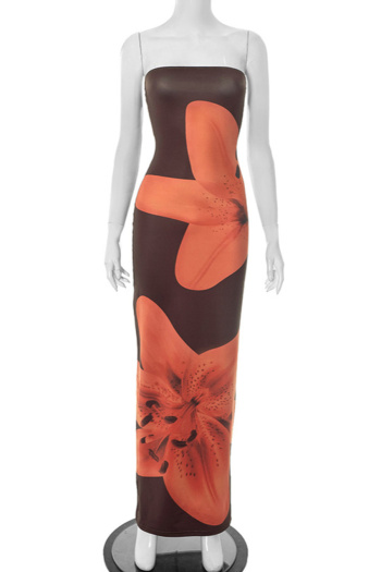 Sexy slight stretch tube design flower printing slit maxi dress