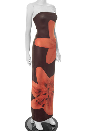 Sexy slight stretch tube design flower printing slit maxi dress