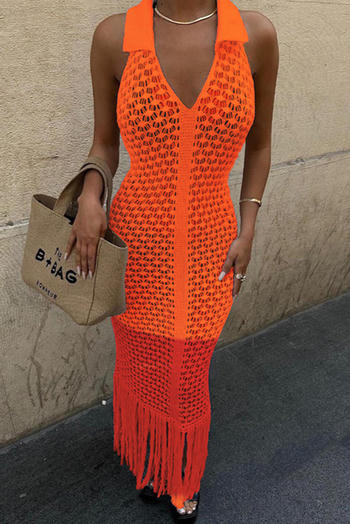 Sexy slight stretch v-neck lapel contrast color tassels maxi dress