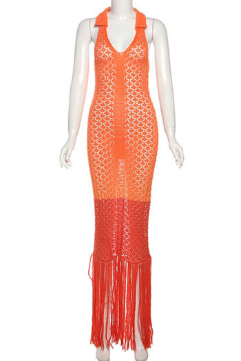Sexy slight stretch v-neck lapel contrast color tassels maxi dress