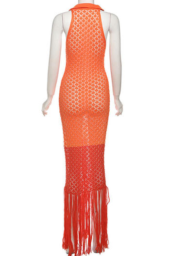 Sexy slight stretch v-neck lapel contrast color tassels maxi dress