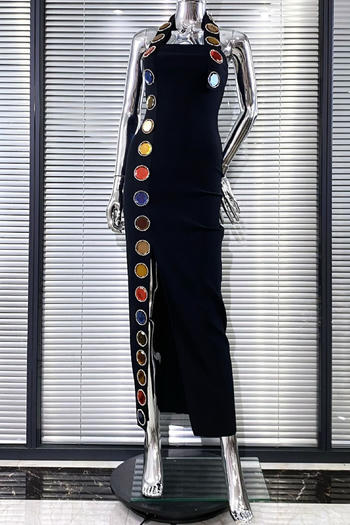 elegant slight stretch slim slit colorful acrylic rhinestones decor maxi dress