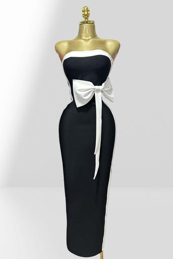 elegant slight stretch contrast color tube top slim slit bow decor maxi dress