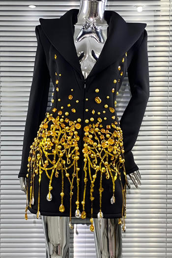 elegant non-stretch solid color slim fit rhinestone tassel pearl mini suit dress