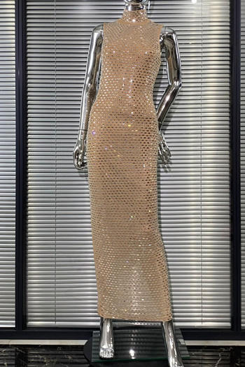 elegant slight stretch slim fit slit rhinestone sleeveless maxi evening dress