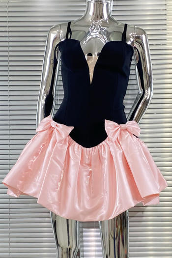 elegant slight stretch sling patchwork bow decor pleated mini dress