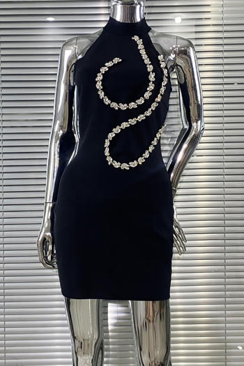 elegant slight stretch solid color tight rhinestones decor mini dress