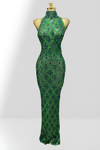 sexy slight stretch mesh see-through slim fit rhinestone slit maxi dress