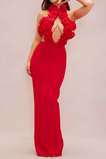 sexy slight stretch hollow flower decor large backless slim slit maxi dress