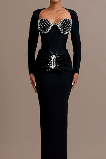 elegant slight stretch rhinestone decor slim fit long sleeve slit maxi dress