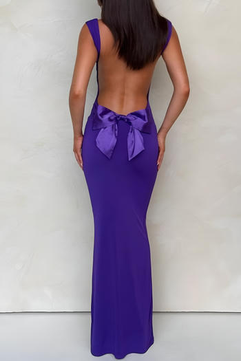 sexy slight stretch solid color slim fit bow decor large backless maxi dress