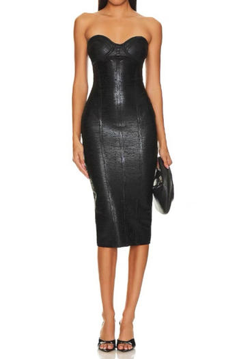 elegant slight stretch solid color tube top slim slit high quality midi dress