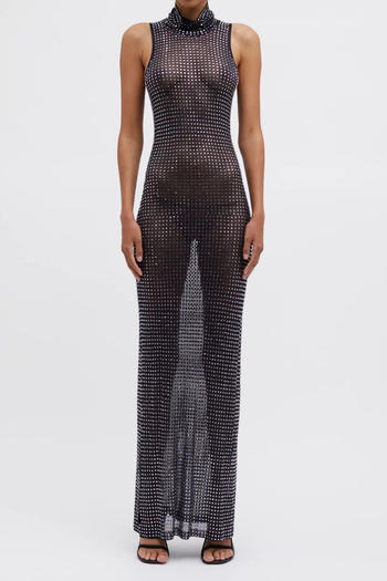 sexy slight stretch see-through mesh rhinestone slim high collar maxi dress