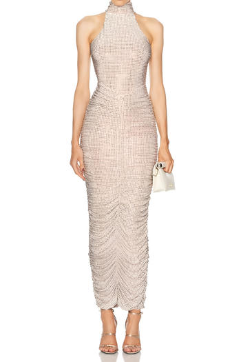 elegant slight stretch hollow backless rhinestone shirring slim fit maxi dress