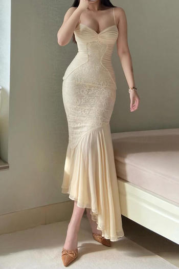 elegant slight stretch slim fit lace stitching shirring maxi mermaid dress