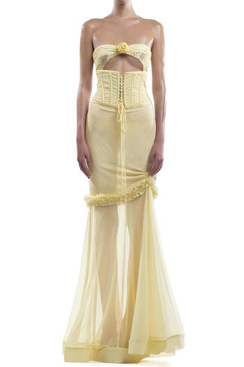 sexy slight stretch tube top hollow see-through mesh lace stitching maxi dress
