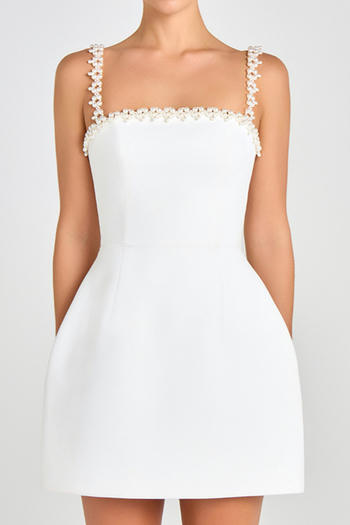 casual non-stretch solid color pearl chain sling mini dress