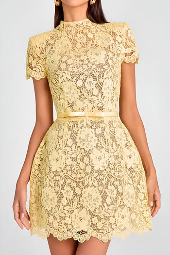 sexy non-stretch solid color see-through lace short sleeve mini dress with belt