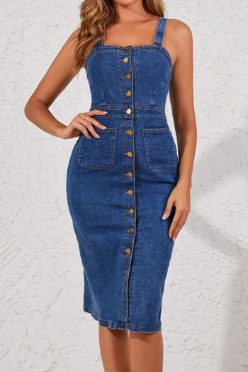 casual non-stretch denim square neck button midi dress
