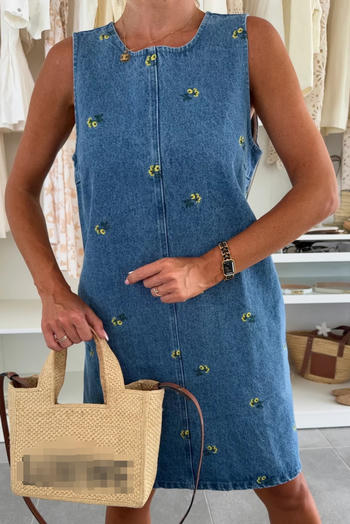 casual non-stretch denim floral embroidery sleeveless midi dress