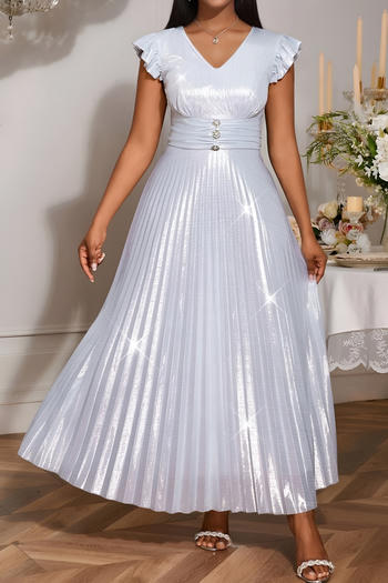 stylish plus size slight stretch v-neck ruffle rhinestone pleated maxi dress