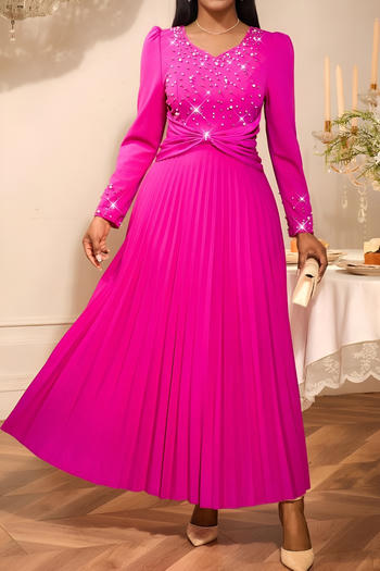 stylish plus size slight stretch pearl decor long sleeve pleated maxi dress