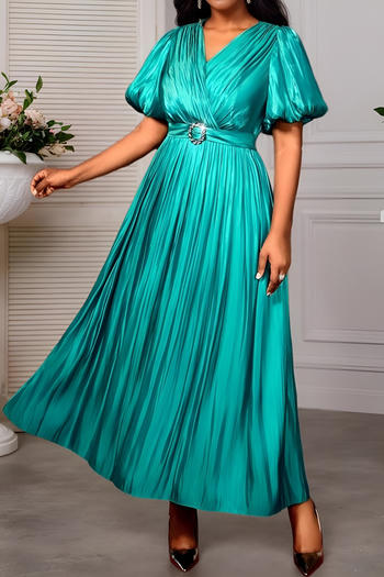 stylish plus size slight stretch pure color v-neck pleated maxi dress